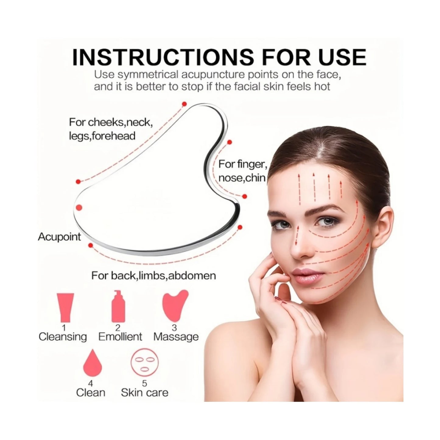 3-Piece Facial Cleansing Tool Set, Stainless Steel Heart-Shaped Scraping Tool, Ice Roller, Silicone Facial Brush