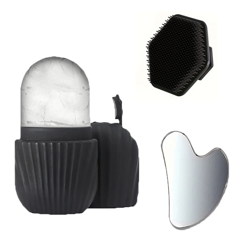 3-Piece Facial Cleansing Tool Set, Stainless Steel Heart-Shaped Scraping Tool, Ice Roller, Silicone Facial Brush