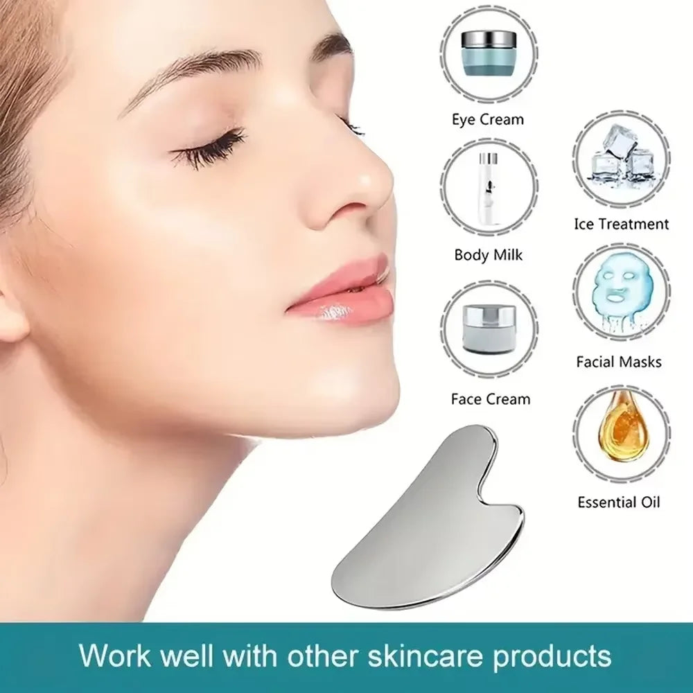 3-Piece Facial Cleansing Tool Set, Stainless Steel Heart-Shaped Scraping Tool, Ice Roller, Silicone Facial Brush